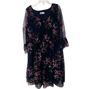 Epic Threads Navy Blue Floral Dress Sz XL 14-16 Lined Sheer Sleeves